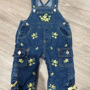 Denim Overalls with Yellow Floral Embroidery 3/6 m